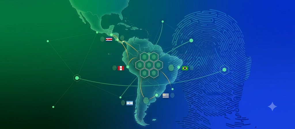 Mapa de América Latina y el Caribe sobre una huella dactilar, con países conectados en una red de confianza para identidad digital transfronteriza.